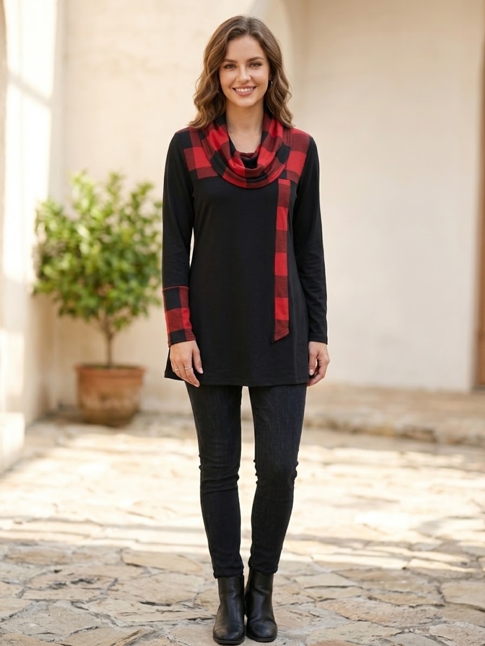 Black Tunic with Red Plaid Cowl and Cuff Detail